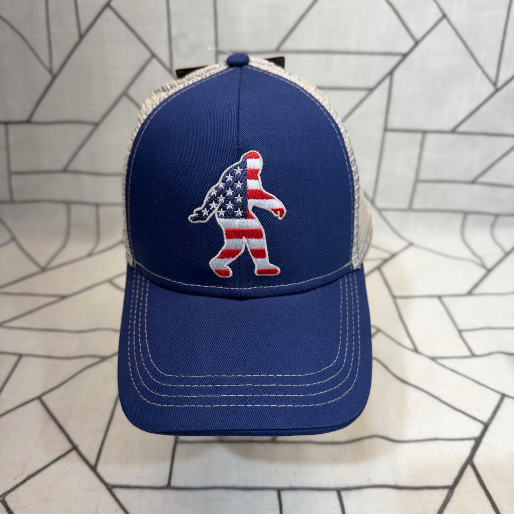 Buck Wear Trucker Hat OS Blue American Flag Bigfoot Sasquatch Mesh Snapback Cap